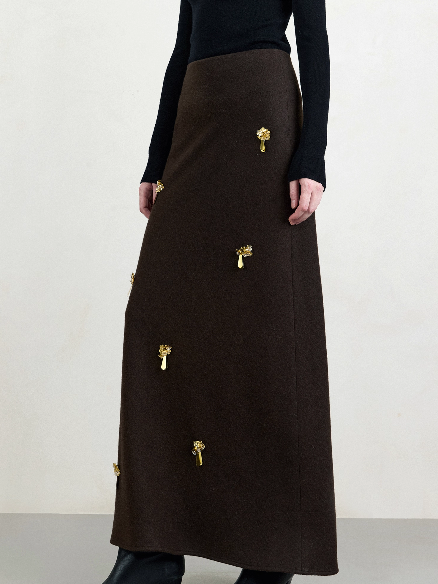 French Holiday Style Beaded Bias-Cut Wool Midi Skirt for Women – Slimming A-Line Design