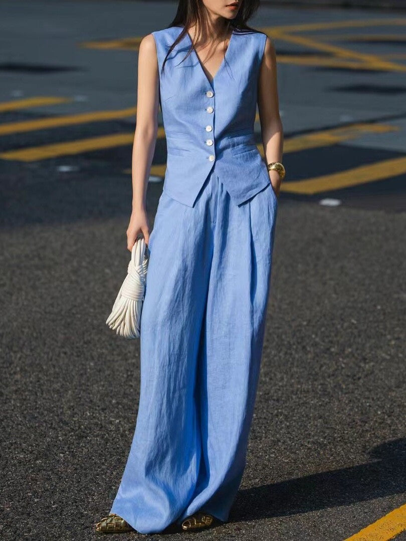 Women’s Summer Linen Two-Piece Set – Minimalist Vest & Wide-Leg Pants, Elegant Commuter Style