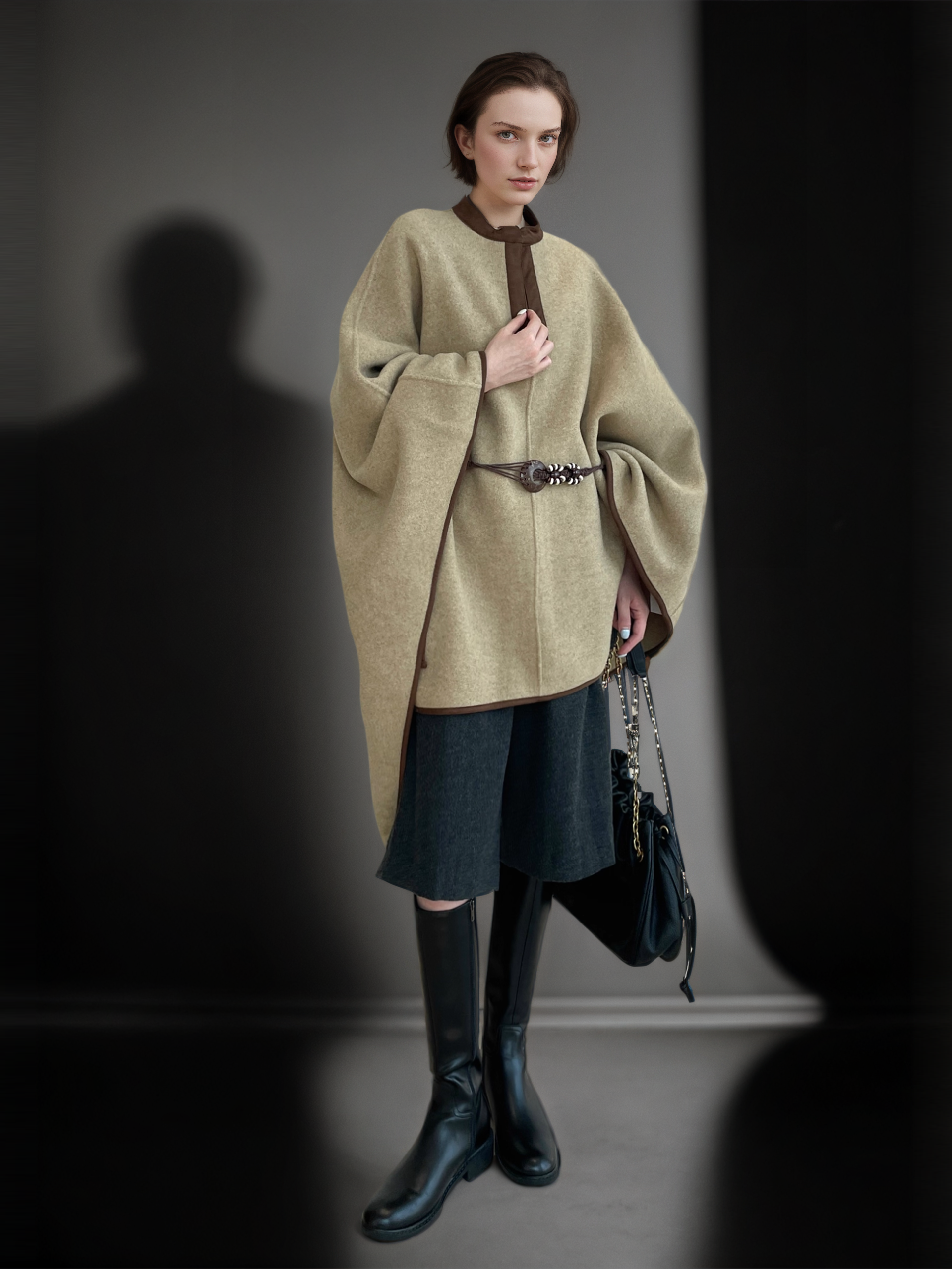 Women’s Minimalist Shearling Patchwork Cape Coat | Premium Merino Wool & Suede Blend Outerwear