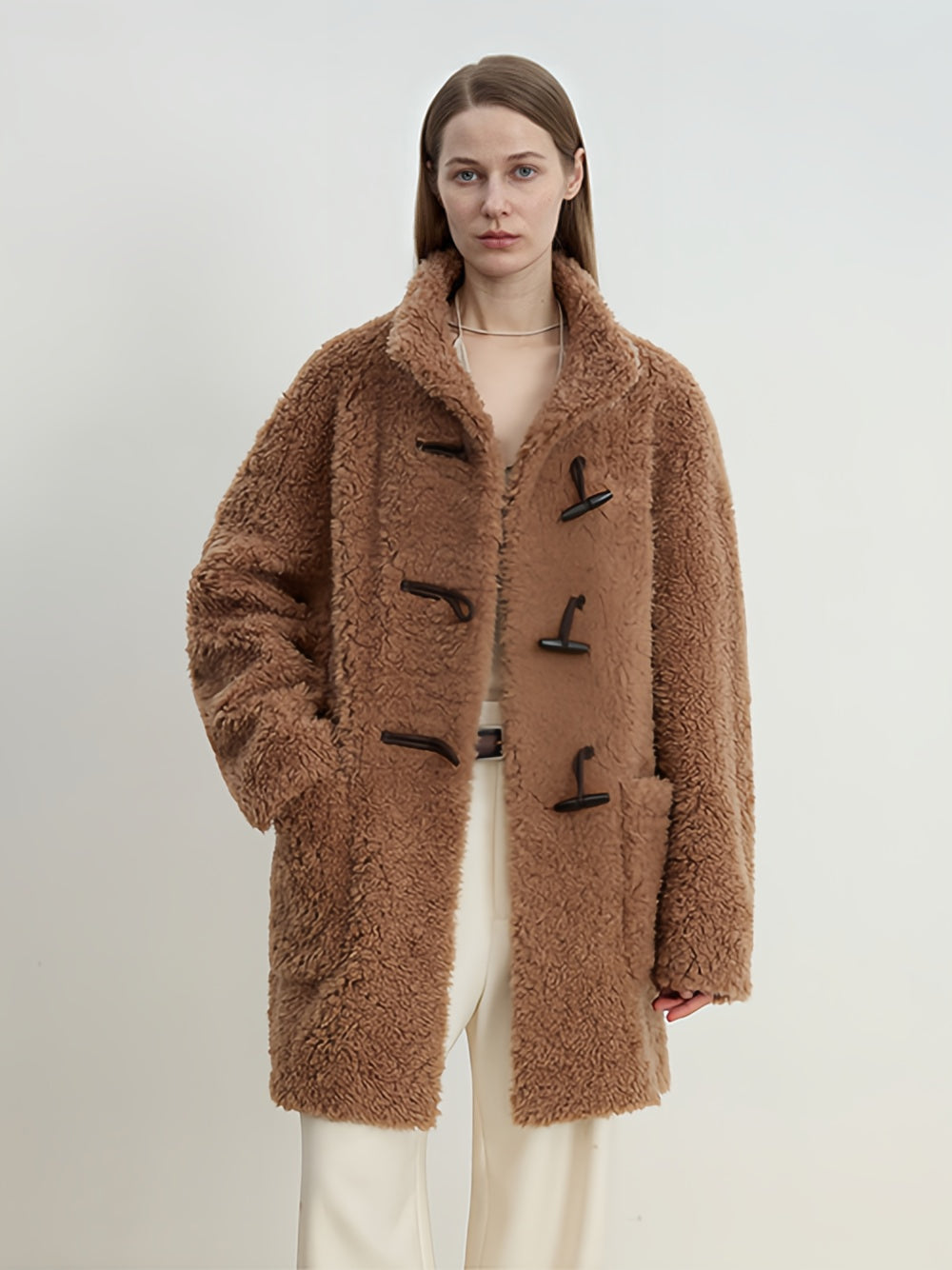 Ragoon-Style Curly Shearling Wool Coat for Women – Mid-Length Faux Shearling Jacket with Toggle Closure and Stand CollarRagoon-Style Curly Shearling Wool Coat for Women – Mid-Length Faux Shearling Jacket with Toggle Closure and Stand Collar