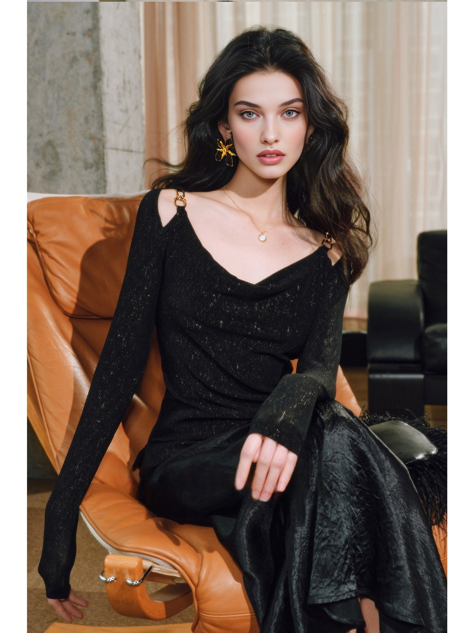 Women’s Starry Sea Luster Knit Top – Draped Neckline, Textured Pleating & Metal Chain Slim Fit