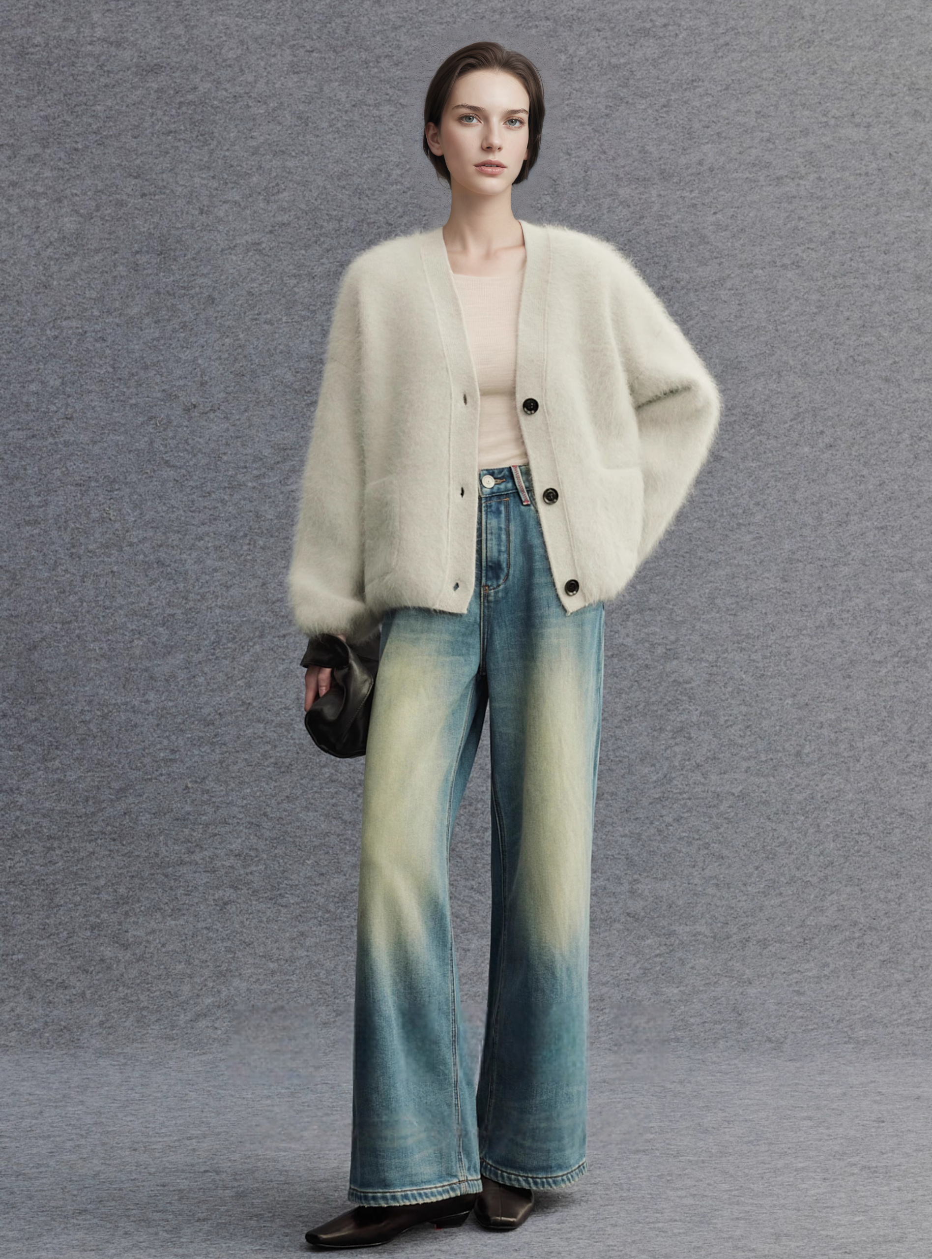 Brushed Merino Wool Knit Sweater | Minimalist Relaxed-Fit Brushed Short Jacket for Women