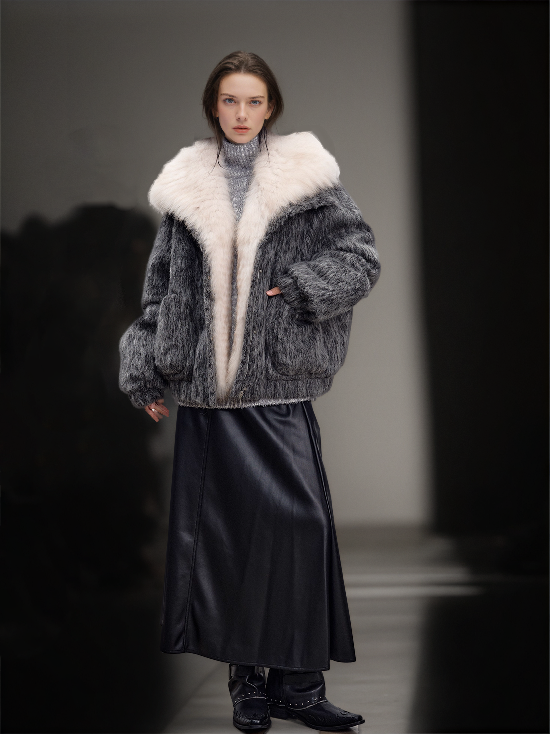 Women’s Wool-Blend Down Coat with  Fox Fur Collar | 90% White Goose Down Winter Jacket