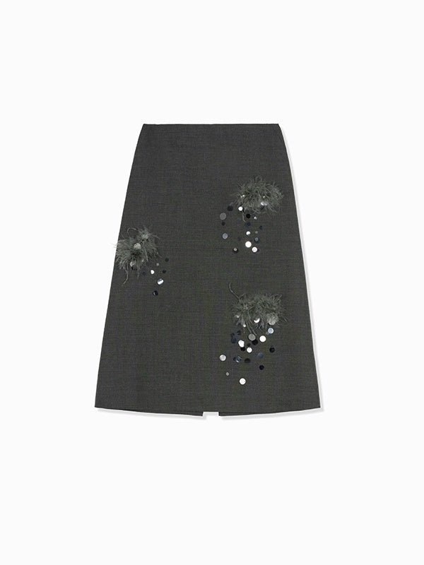 Hand-Beaded Wool A-Line Midi Skirt with Rare Imported Turkey Feathers | Luxury One-Piece Design