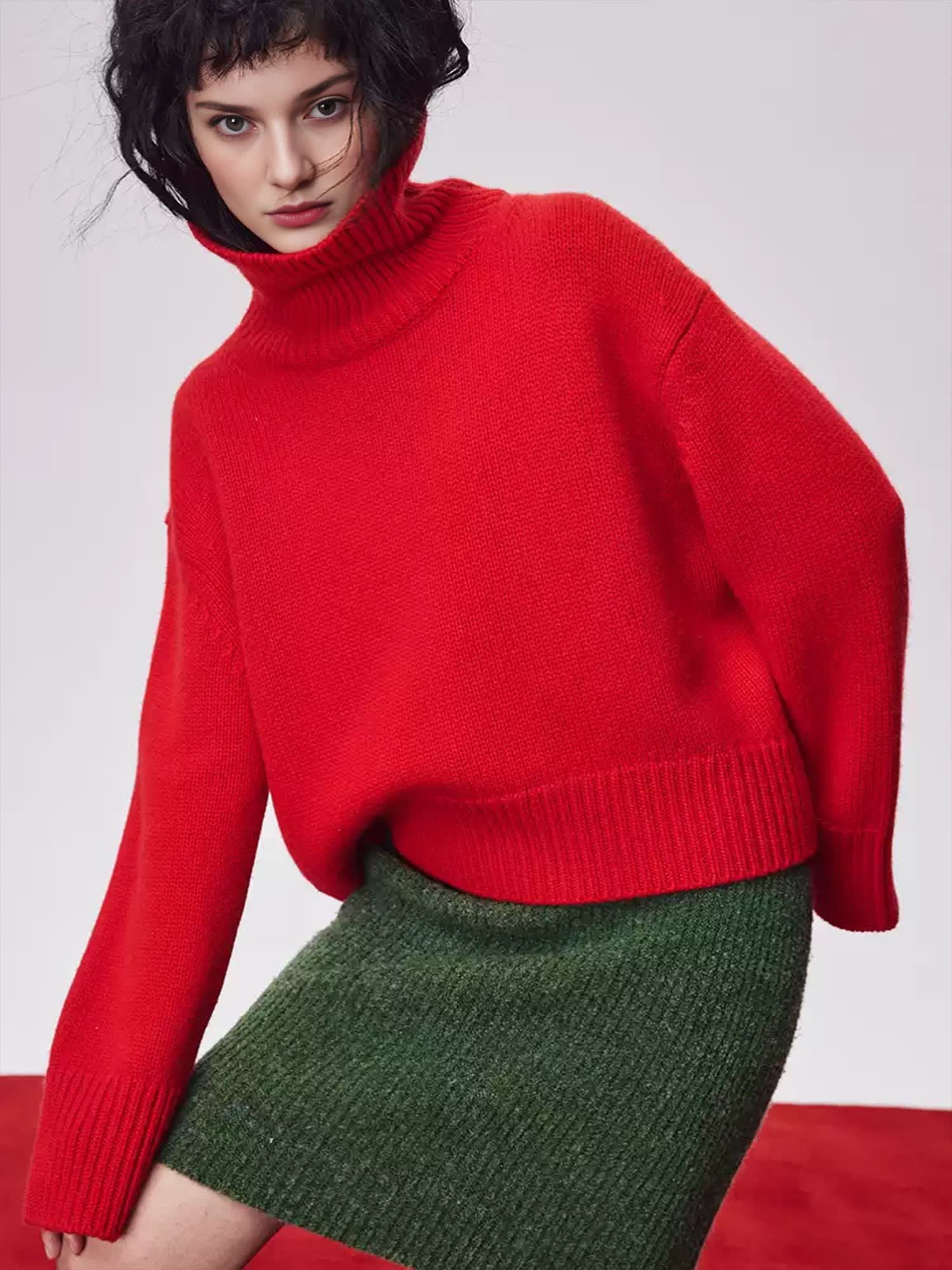 Soft 100% Cashmere Turtleneck Sweater – Vintage Rib-Knit, Thick & Warm in Festive Red-Green Palette