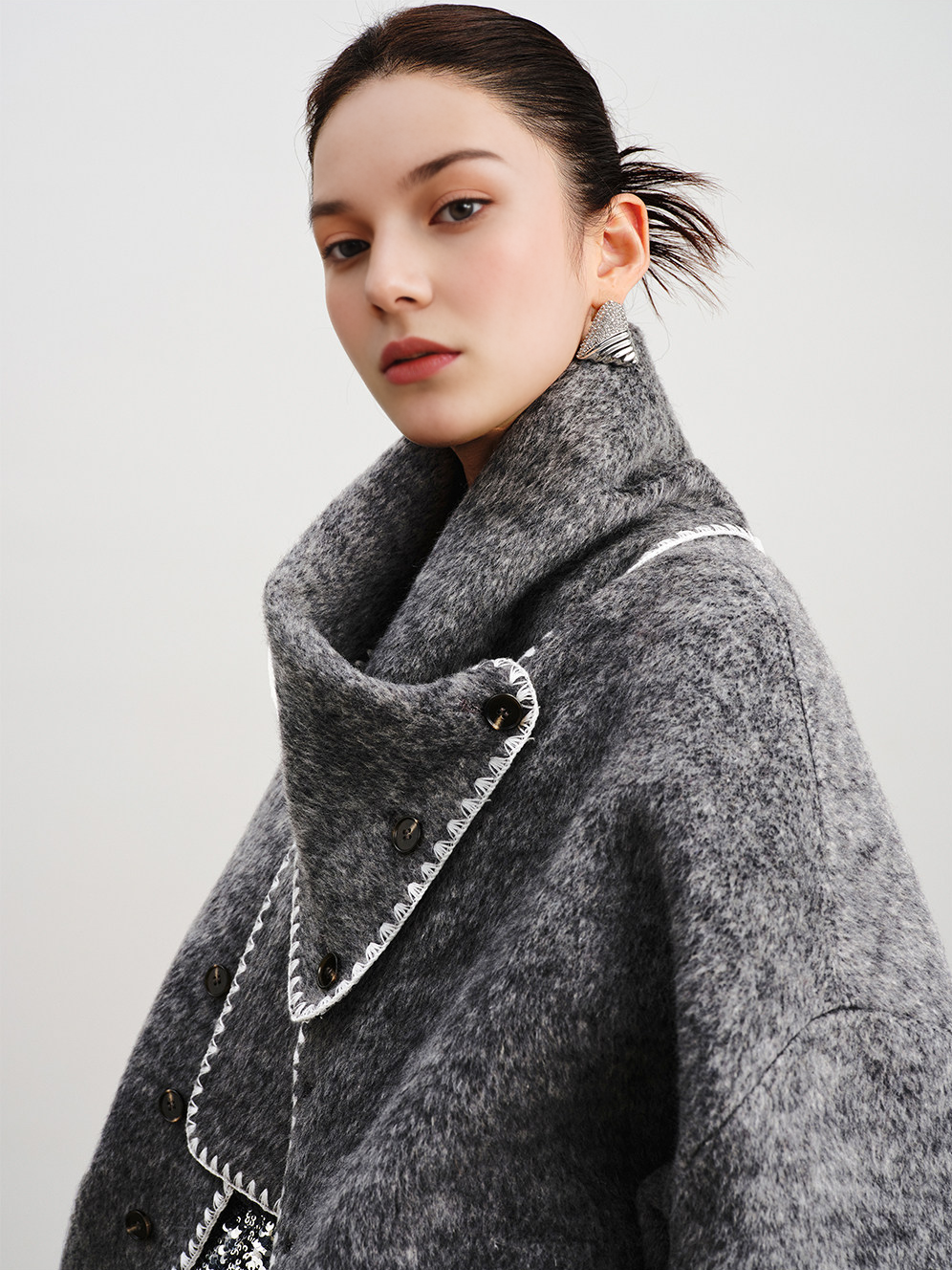 Women's Short Wool Reversible Coat | Premium Grey Cashmere Overcoat