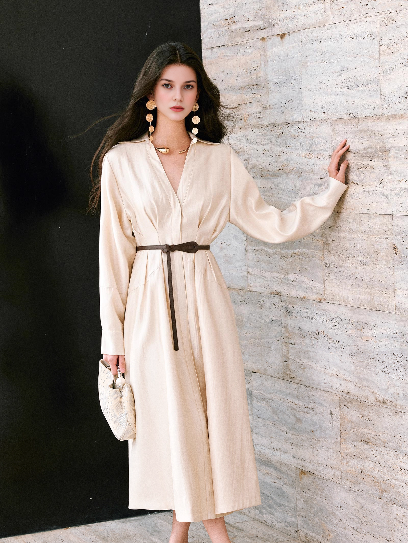 belted satin shirt dress Belted silk-blend satin shirt dress - gray