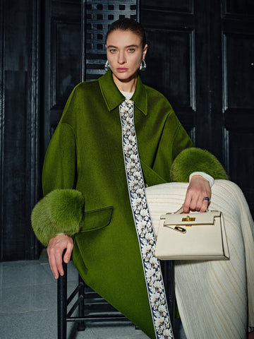 20% Cashmere Double-Faced Wool Coat for Women – Detachable Fox Fur Cuff Mid-Length Overcoat “Tokyo Radiance” in Vintage Green