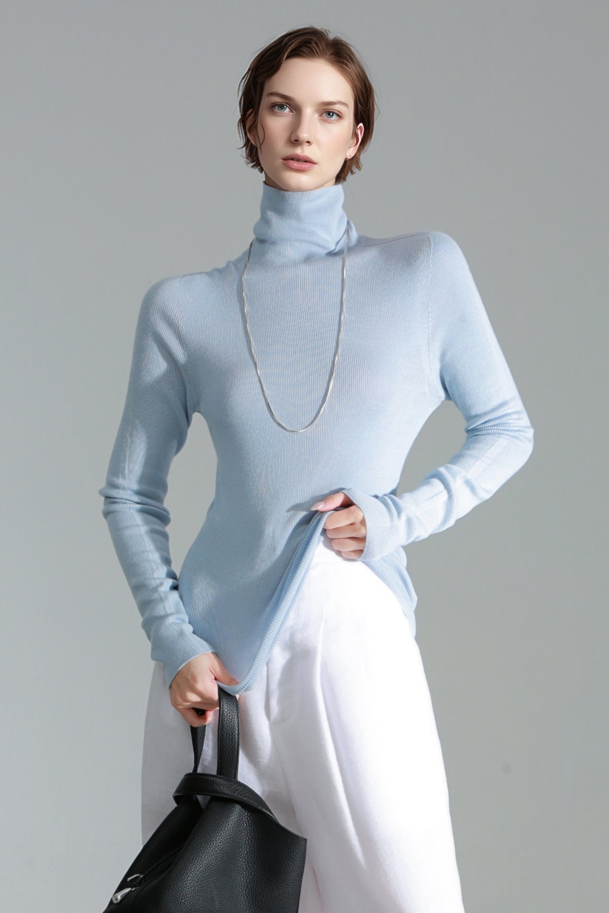 Merino Wool Minimalist Mock Neck Ribbed Knit Top – Cross-Strap Seamless Solid Color Sweater