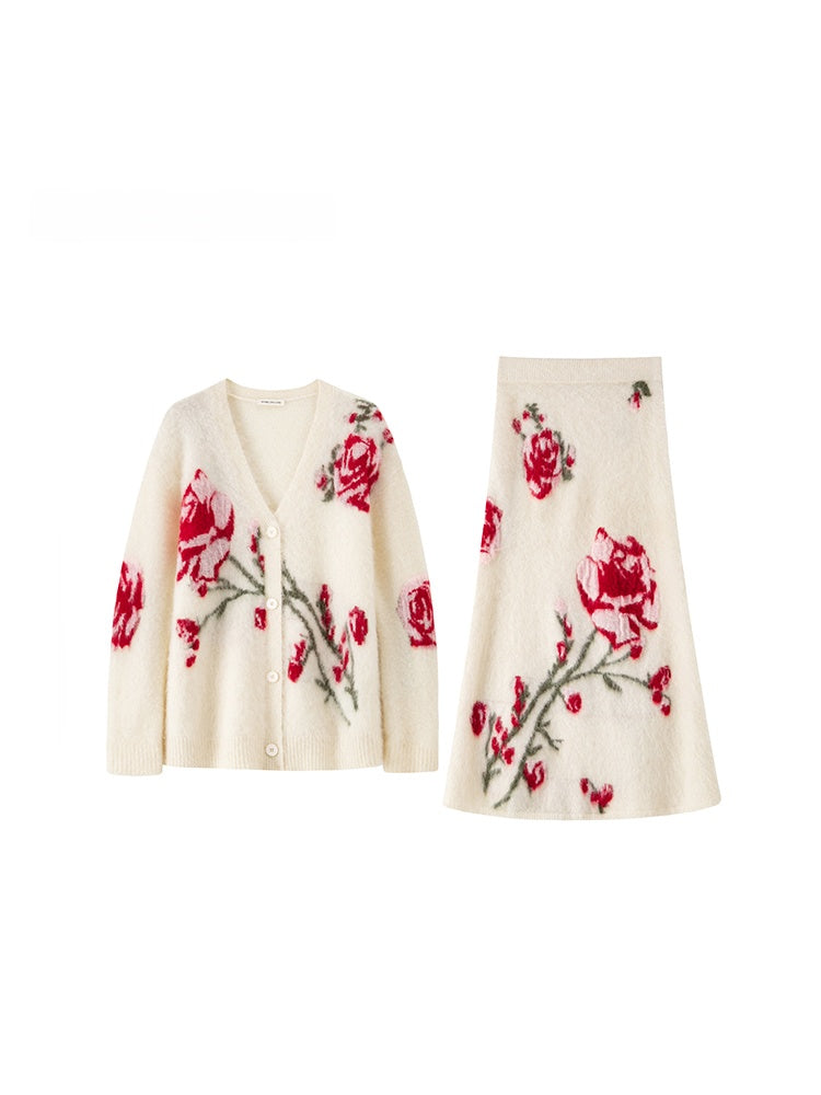 Luxury Alpaca Rose Jacquard Cardigan & Mermaid Skirt – Relaxed Fit (Sold Separately)