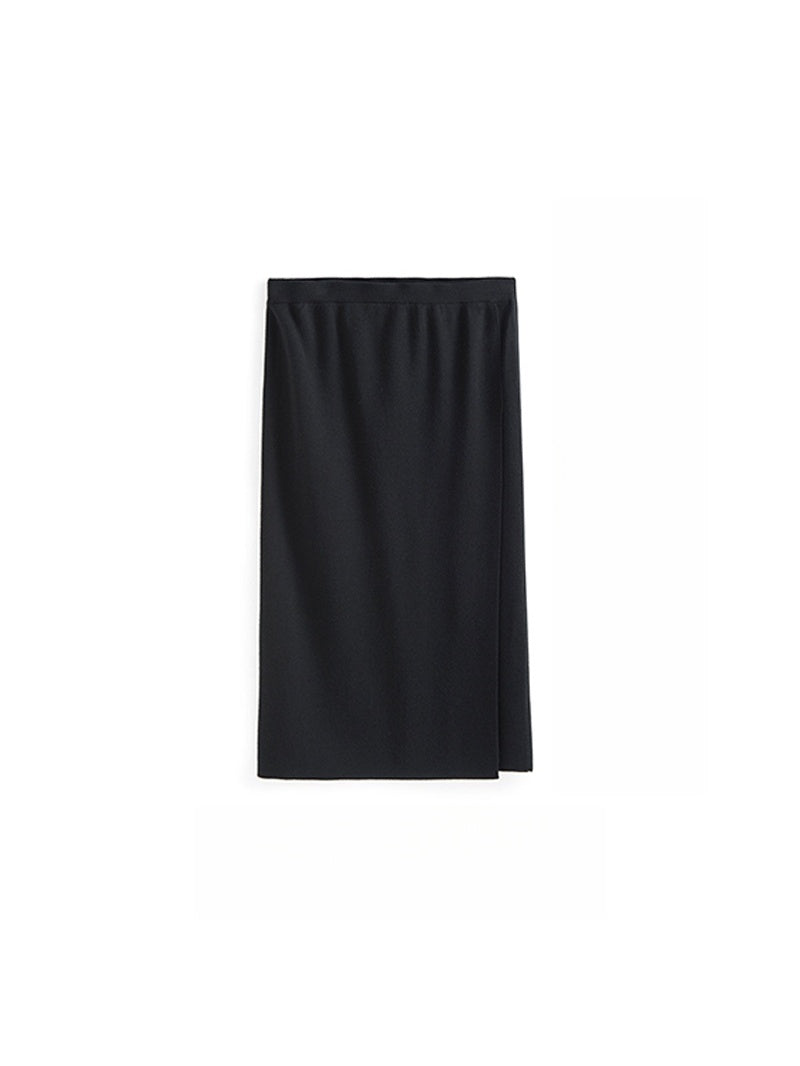 German Wool Yarn Ribbed Knit Pencil Skirt – Elegant Split Hem Wool Midi Skirt for Work