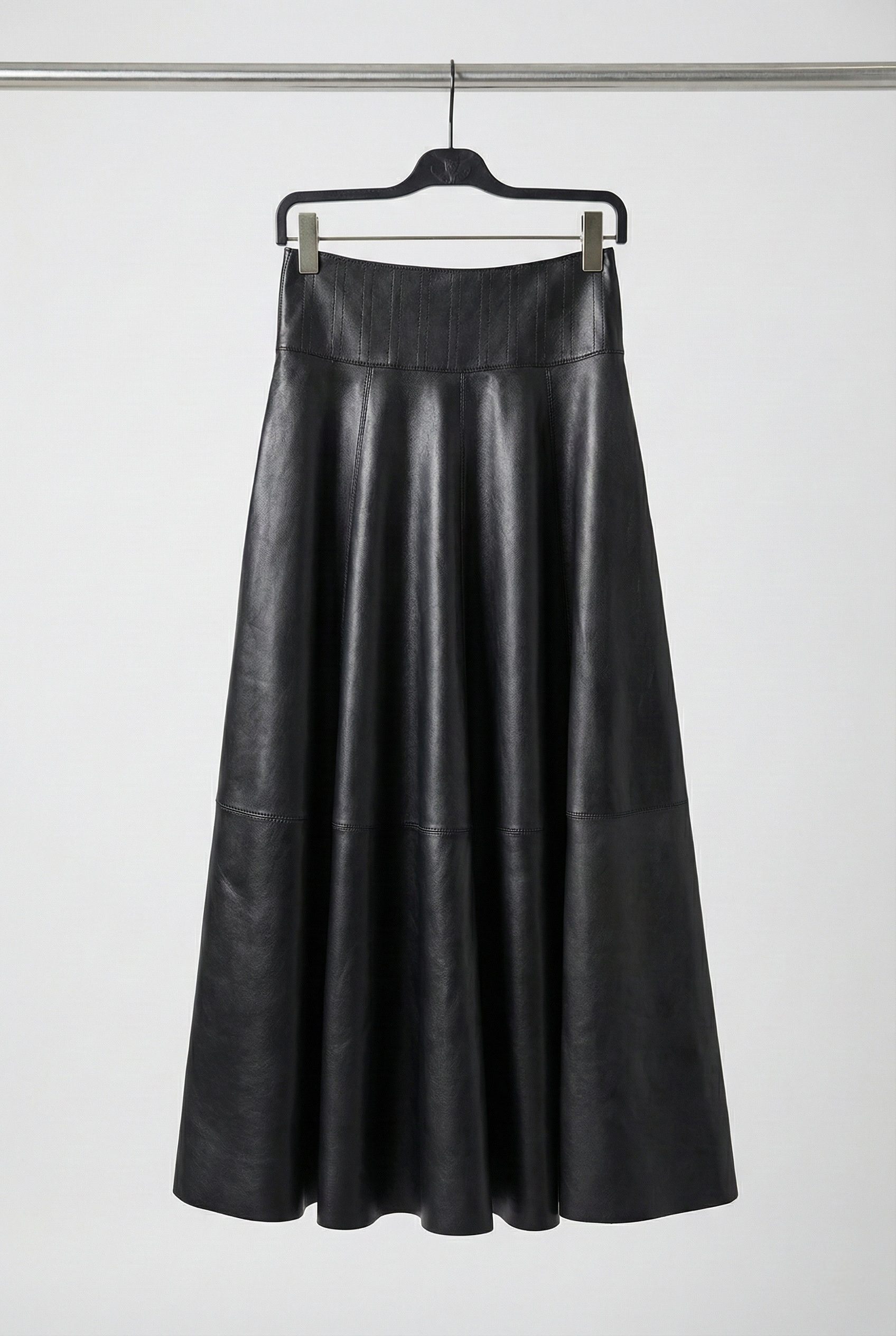 Luxury Black Genuine Sheepskin Midi Skirt – High Waist A-Line Leather Flared Skirt for Women