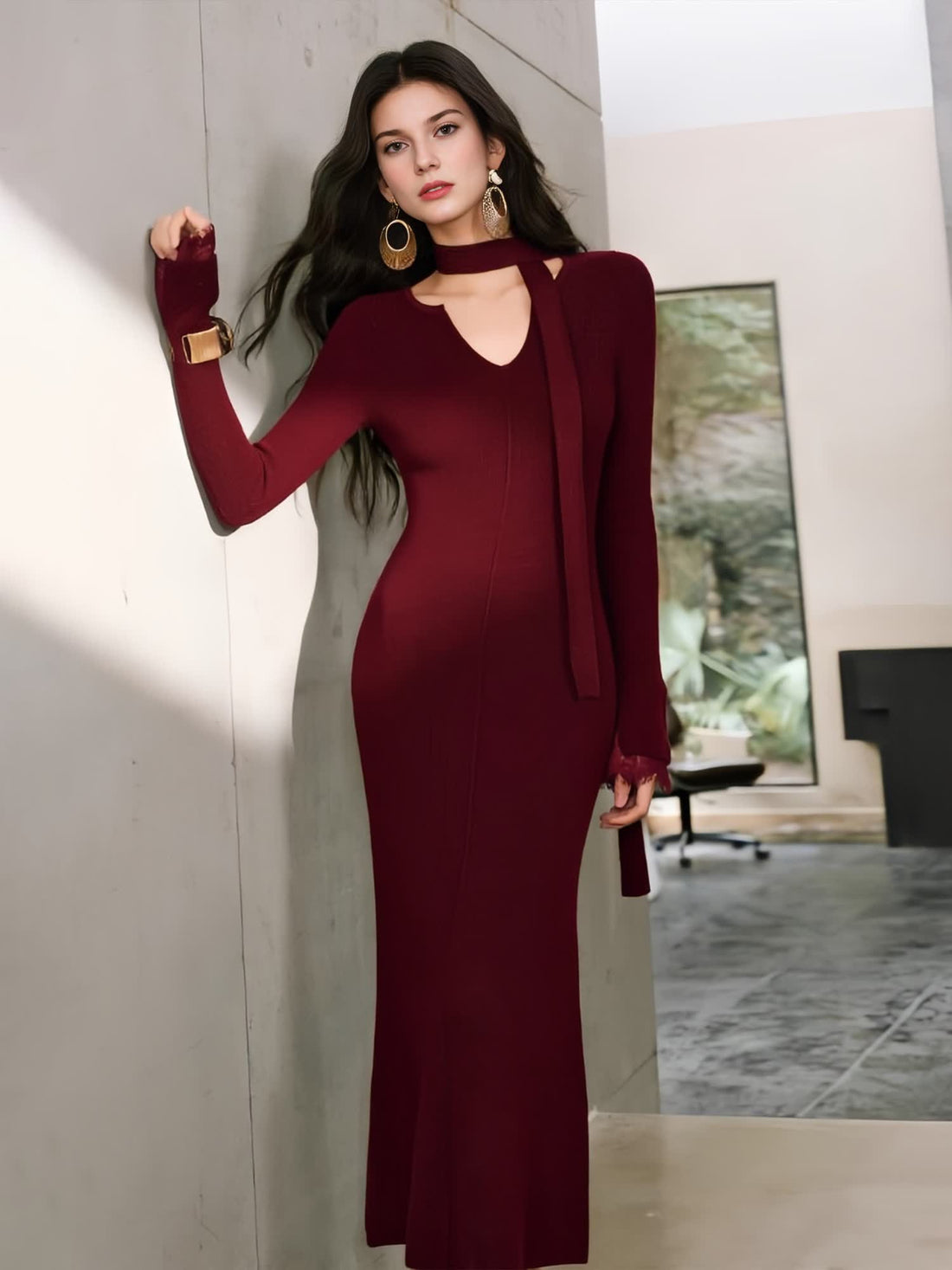 Shimmery Wool Waffle-Texture Maxi Dress with V-Neck Tie and Lace Trim