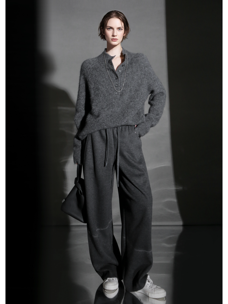 Wool Blend Drawstring Wide-Leg Pants – Color Block Casual Trousers for Women, Trendy Relaxed Fit Banana Pants for Autumn/Winter