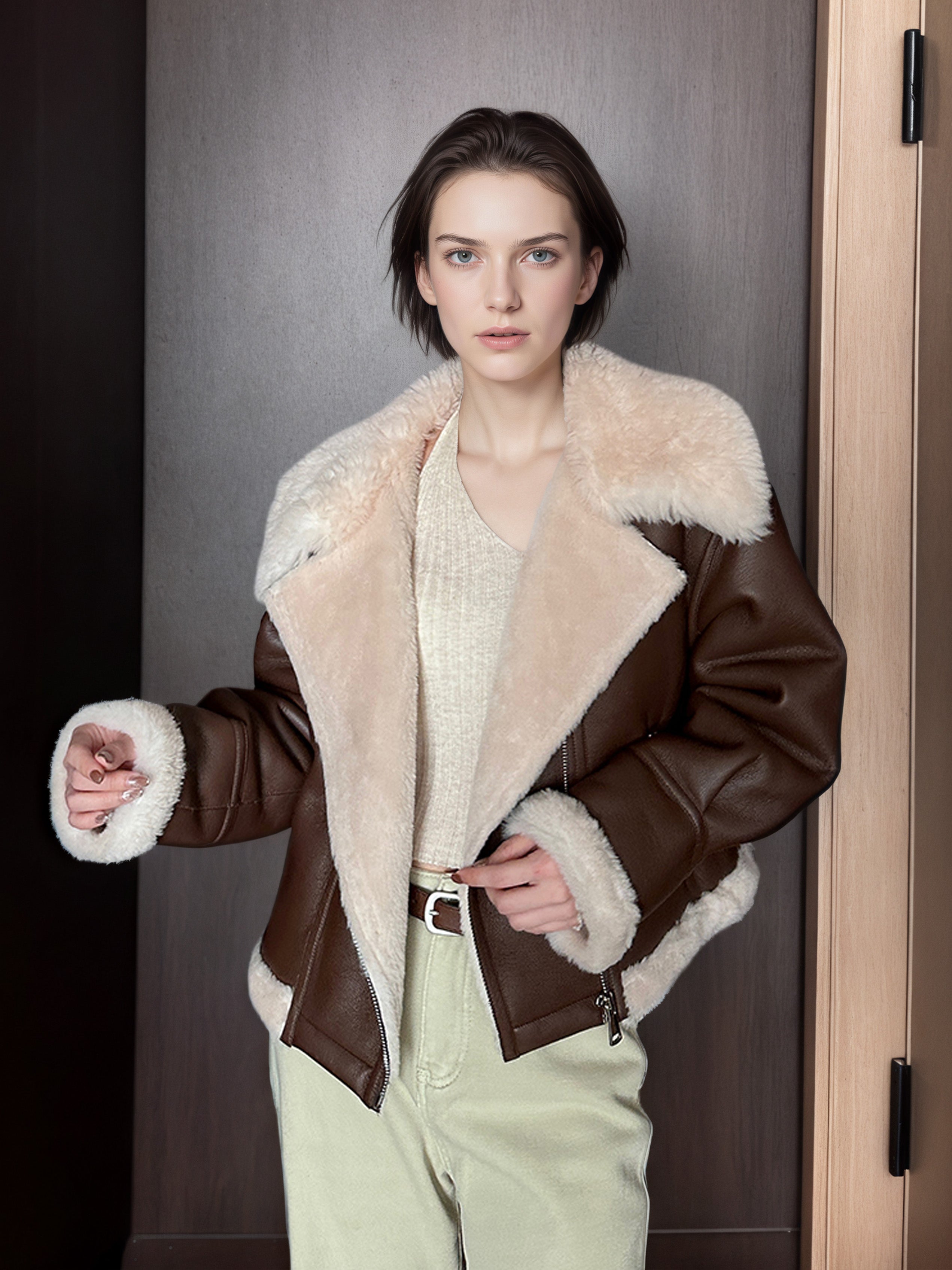 Eco-Friendly Faux Leather & Genuine Wool Shearling Jacket – Plush Flocked Lamb Fur Short Coat for Women