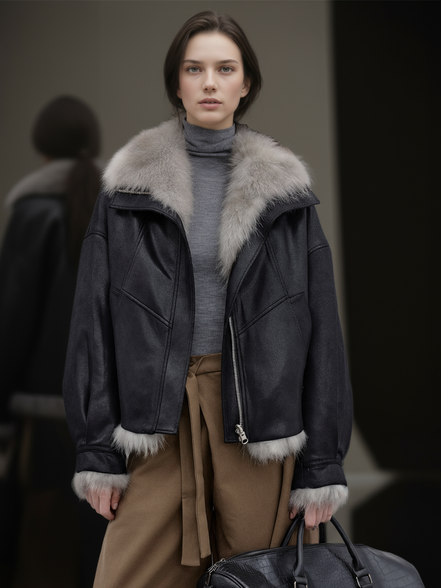 Women’s Reversible Suede Jacket with  Raccoon Fur Collar | Short Winter Biker Coat