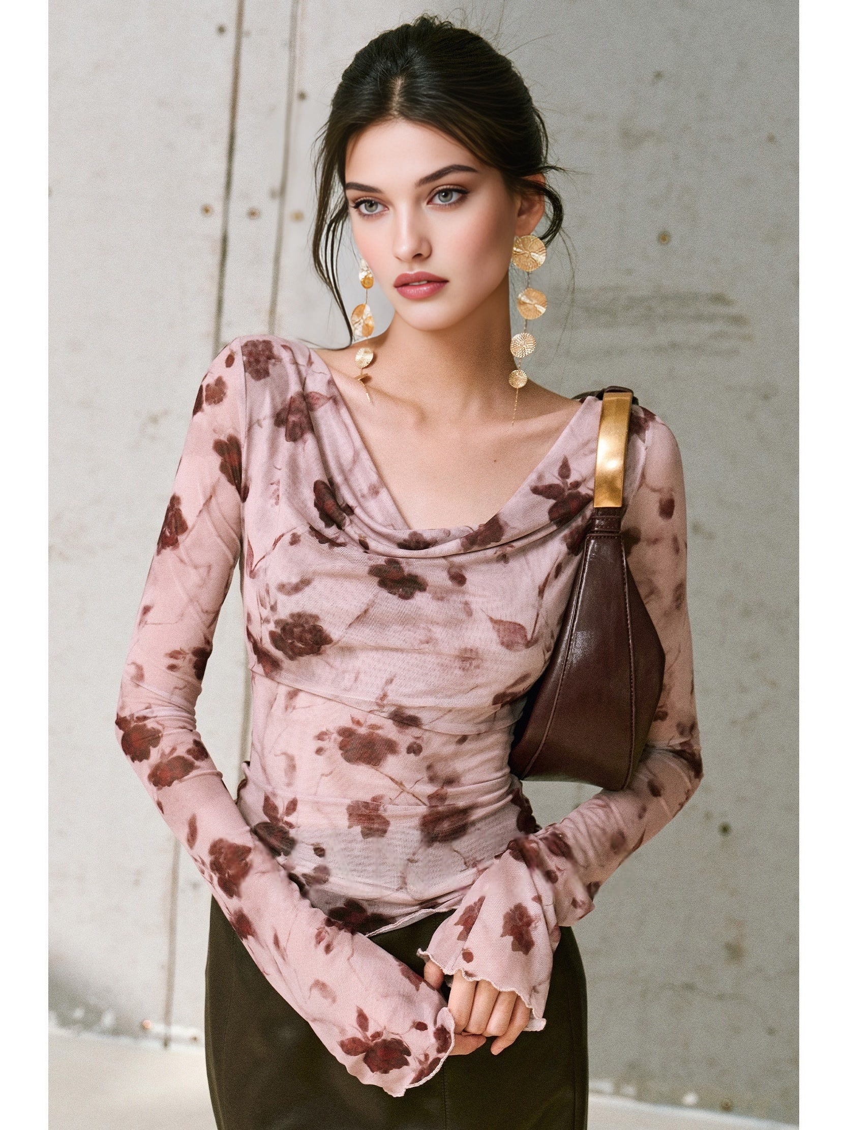 Women’s Sheer Gauze Slim Fit Top – Gold Thread, Artistic Print, Draped Lace Collar