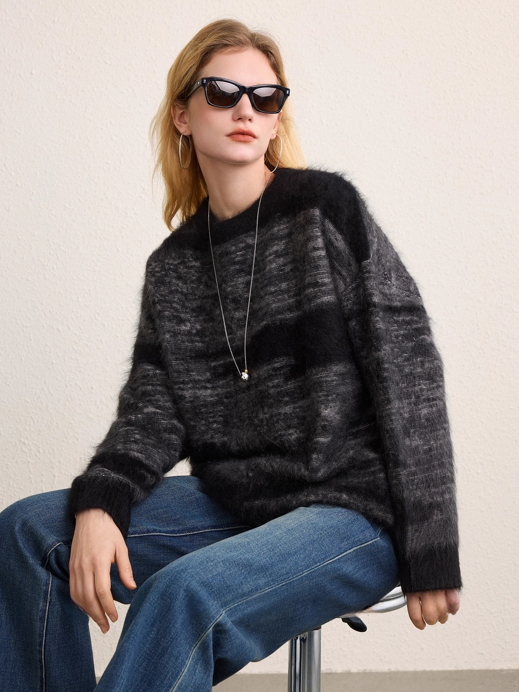 Gradient Two-Tone Brushed Knit Sweater for Women | Wool-Cashmere Blend Textured Jacquard Pullover