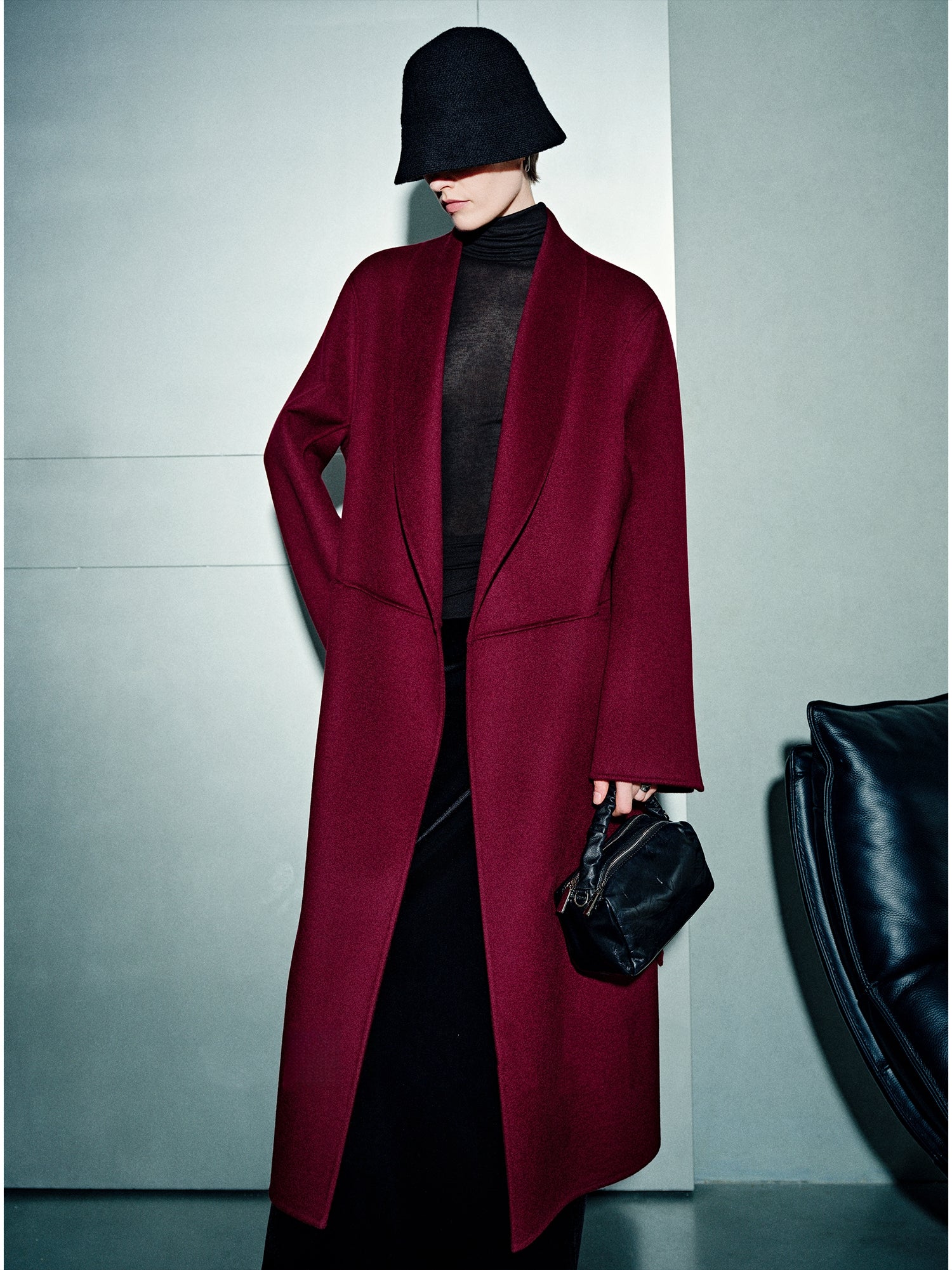 100% Cashmere Double-Faced Wool Coat for Women – Long Wine Red Overcoat