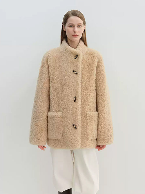 Stand-Collar Textured 100% Wool Shearling Coat for Women — Mid-Length Faux Sheepskin Outerwear