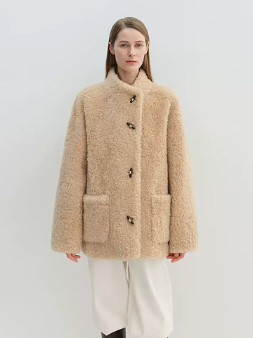 Stand-Collar Textured 100% Wool Shearling Coat for Women — Mid-Length Faux Sheepskin Outerwear