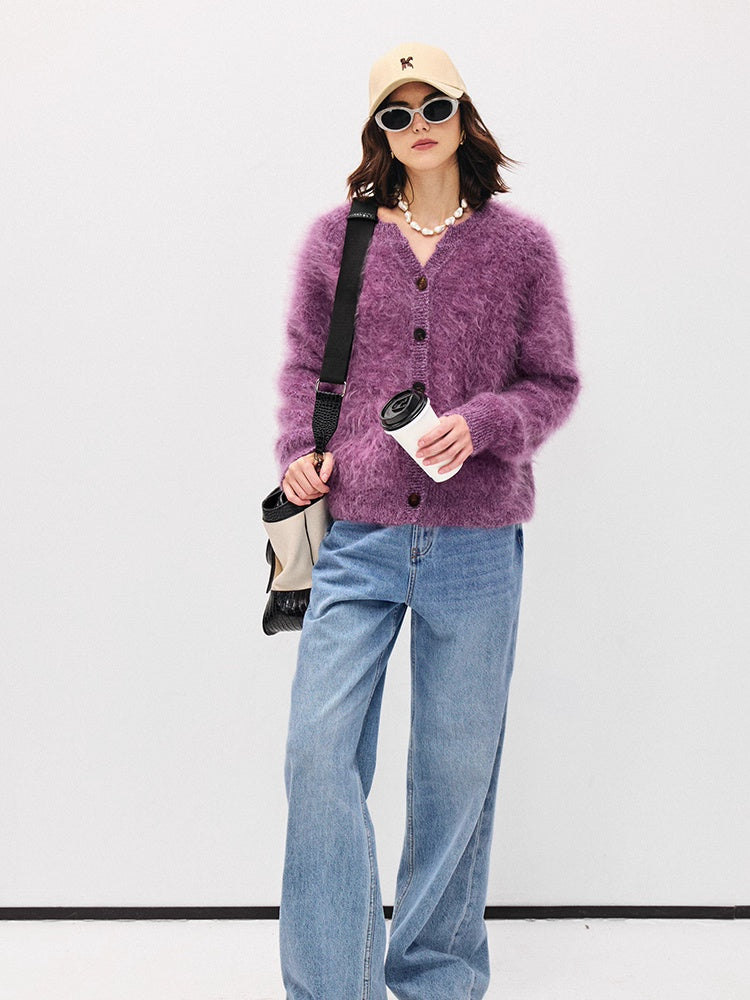 Brushed Cashmere-Wool Bouclé Yarn Crewneck Knit Cardigan for Women