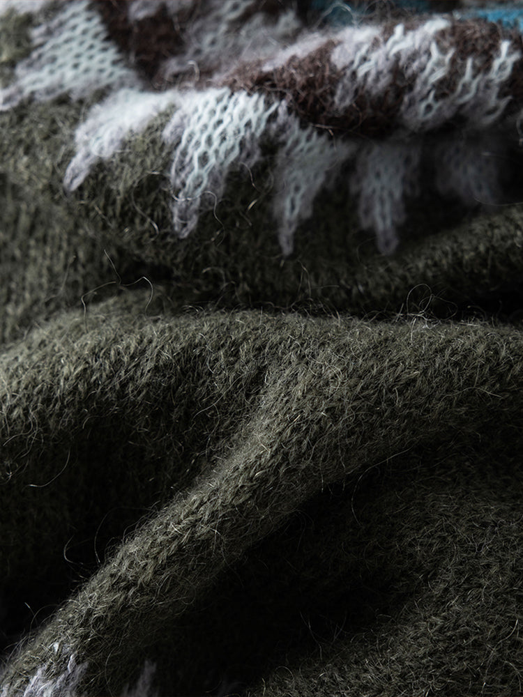 Fair Isle Geometric Knit Sweater for Women – Wool Mohair Blend Raglan Crewneck Pullover