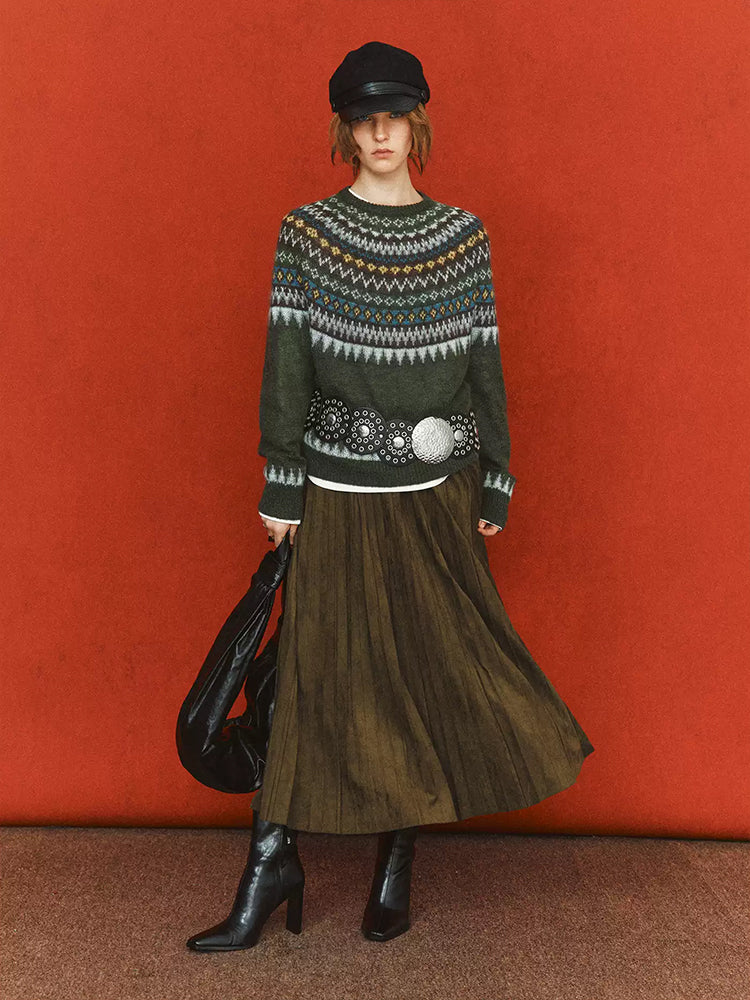 Fair Isle Geometric Knit Sweater for Women – Wool Mohair Blend Raglan Crewneck Pullover