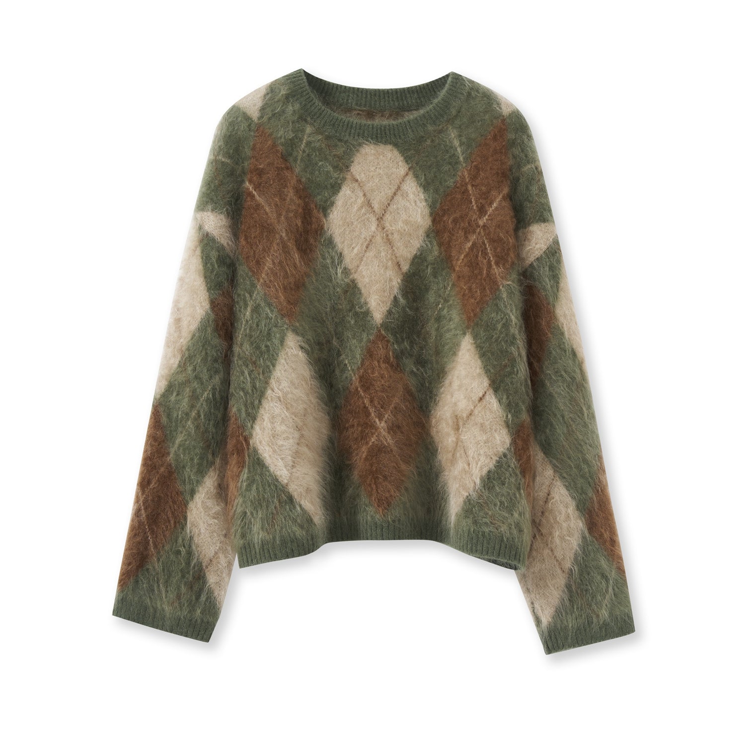 Brushed Cashmere Diamond-Pattern Crewneck Sweater for Women | Soft Long-Sleeve Knit in British-Inspired Style