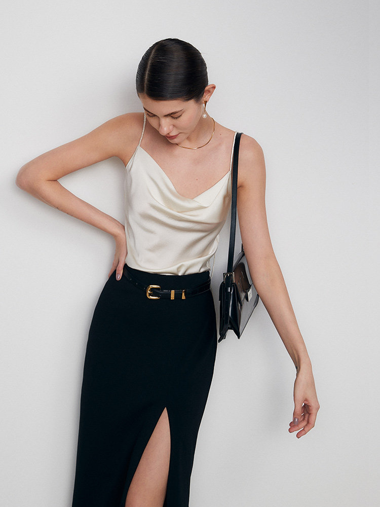 Women's Silky Soft Vanilla White Satin Cowl-Neck Silk Camisole – Elegant Minimalist Slip Top