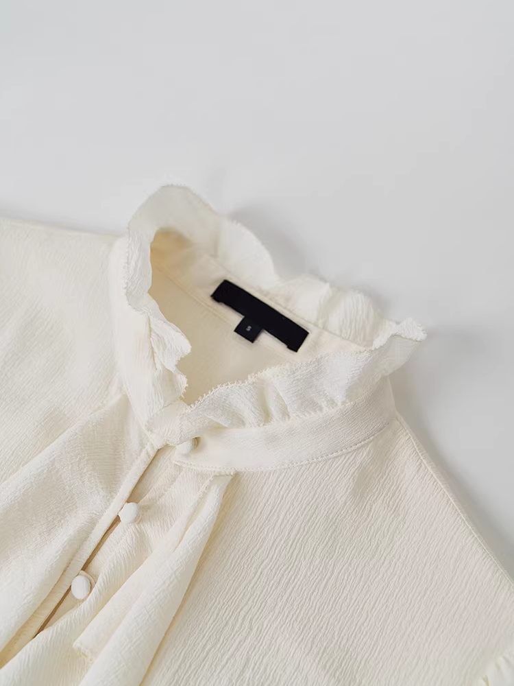 Women's Limited-Edition Heavyweight Crinkled Waffle Silk Ruffle Blouse – Elegant Fall Statement Shirt