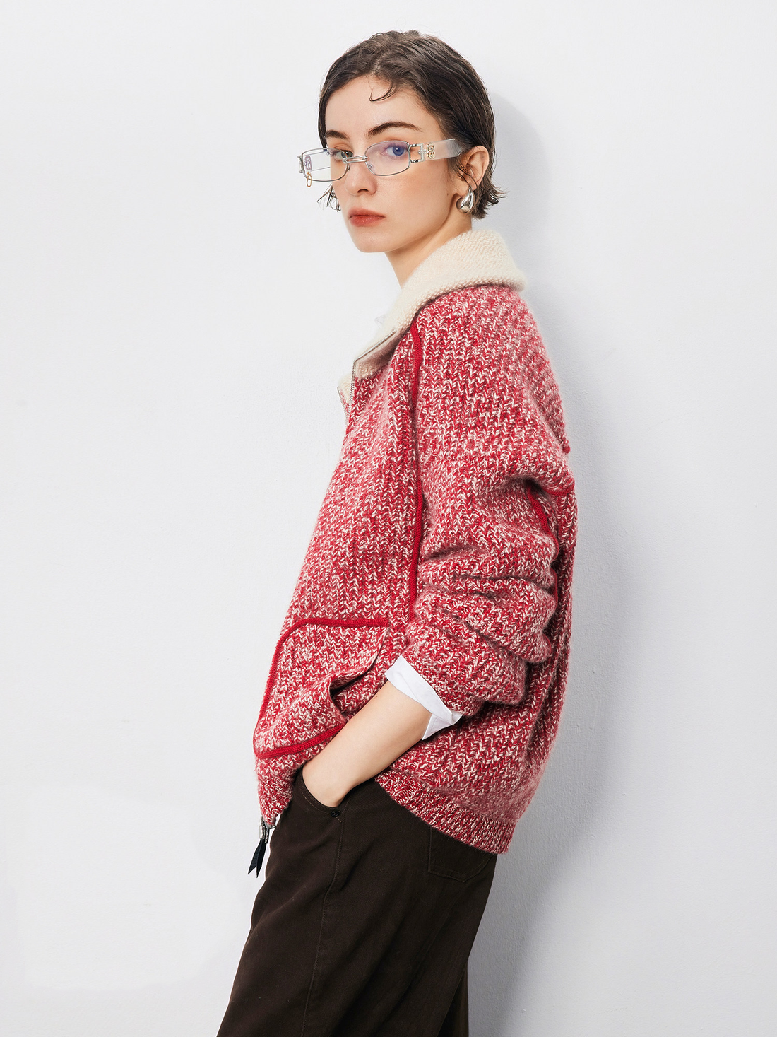 Women's Pure Cashmere Vintage Marled Zip-Up Cardigan – Relaxed Stand-Collar Knit Sweater