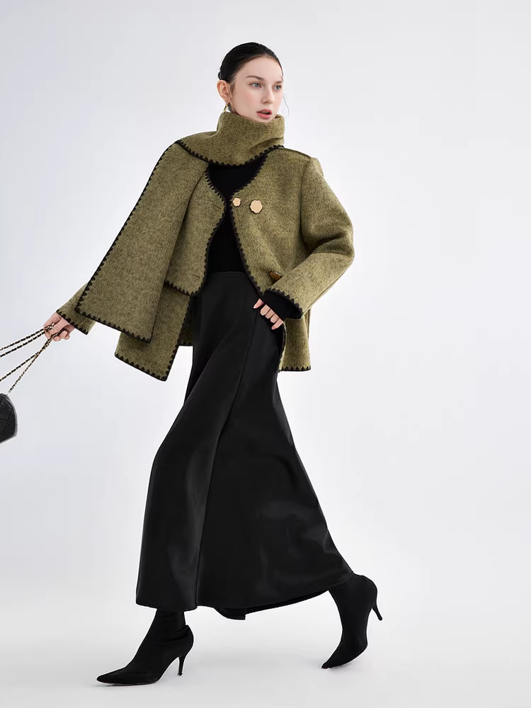 Women's Designer Green Wool Coat with Reversible Scarf – Double-Faced Wool Winter Overcoat