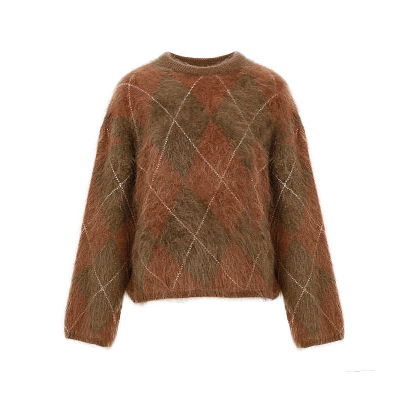 Heavyweight Brushed Knit Vintage Diamond-Pattern Sweater for Women