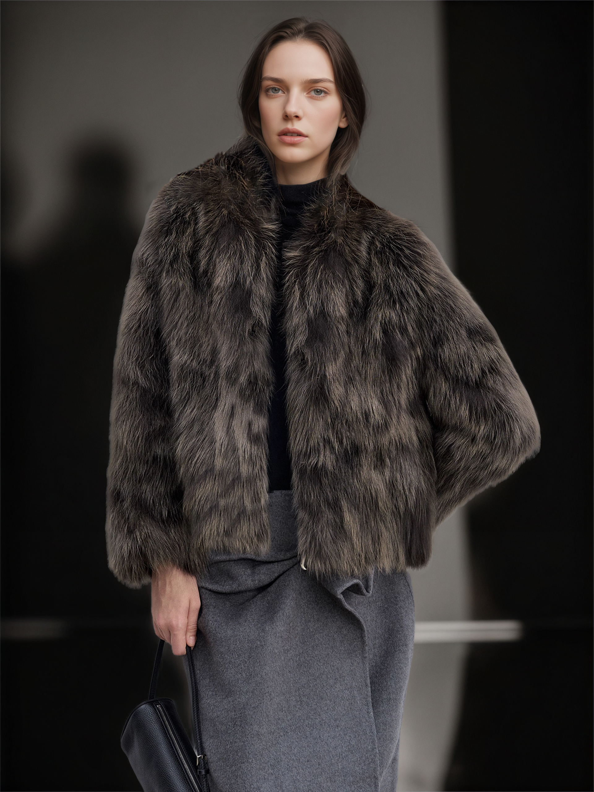 Women’s Raccoon Fur Jacket | Short Two-Tone Ombre V-Neck Winter Coat