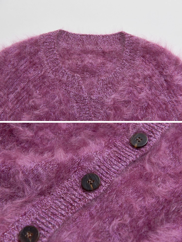 Brushed Cashmere-Wool Bouclé Yarn Crewneck Knit Cardigan for Women