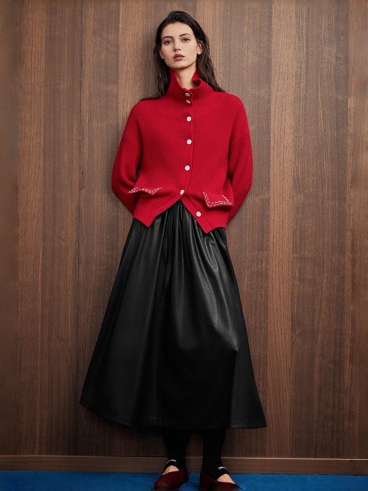 Red Knit Cardigan for Women – New Winter Merino Wool Cozy Christmas Sweater