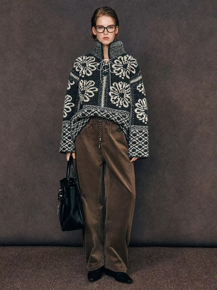 Paris Snow Velvet Fair Isle Knit | French-Style Tie Polo Collar Loose Slimming Pullover Sweater