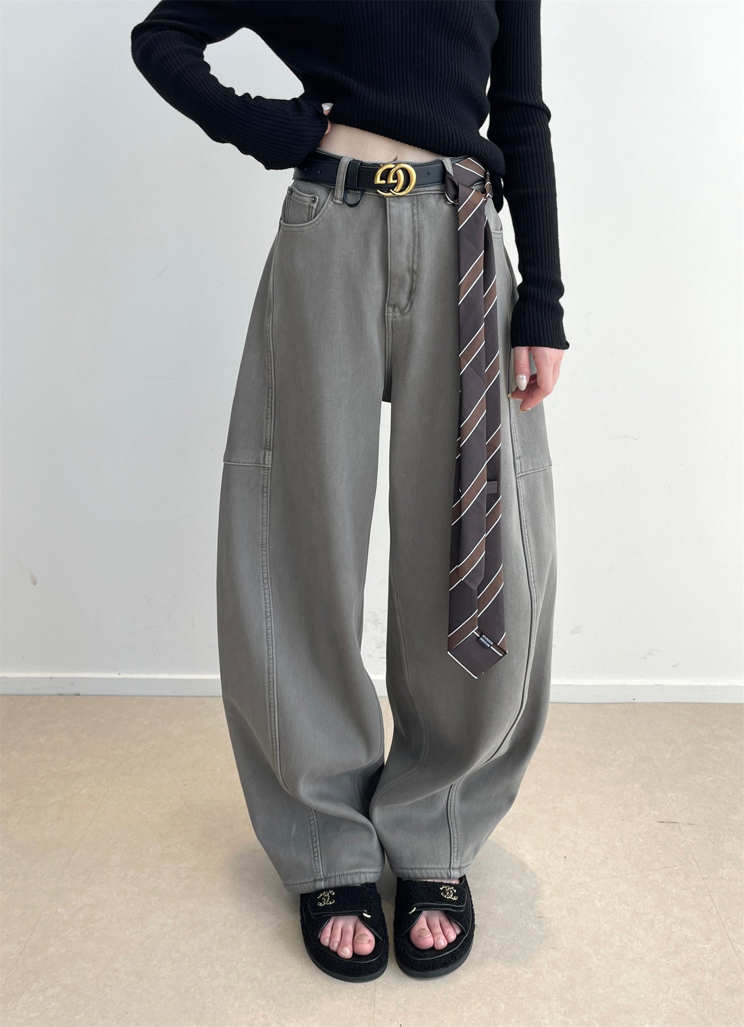 Women’s Fleece-Lined High-Waist Jeans | Unique Deconstructed Wide-Leg Denim Pants with Belt for Winter