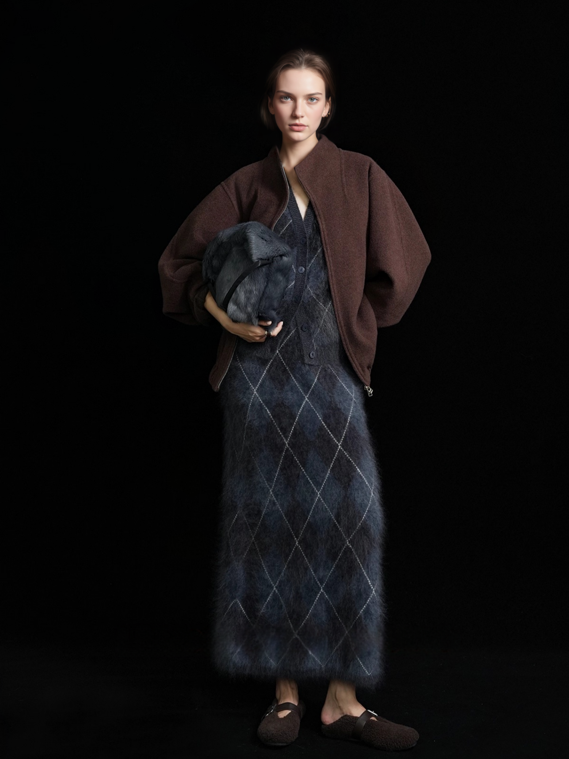 Heavyweight Brushed Knit Vintage Diamond-Pattern Midi Skirt for Women