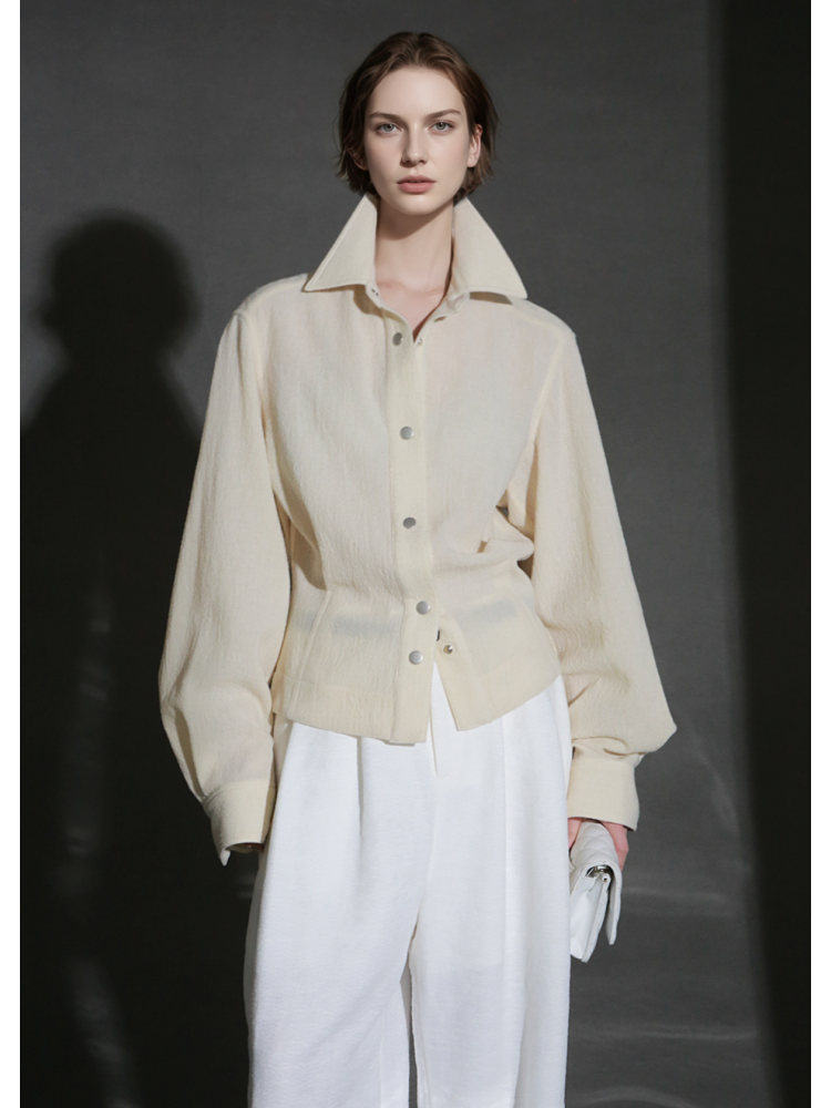 Old Money Style Wool Textured Shirt for Women – Luxury Fitted Button-Up Blouse with Metal Details, Fall Winter Collection