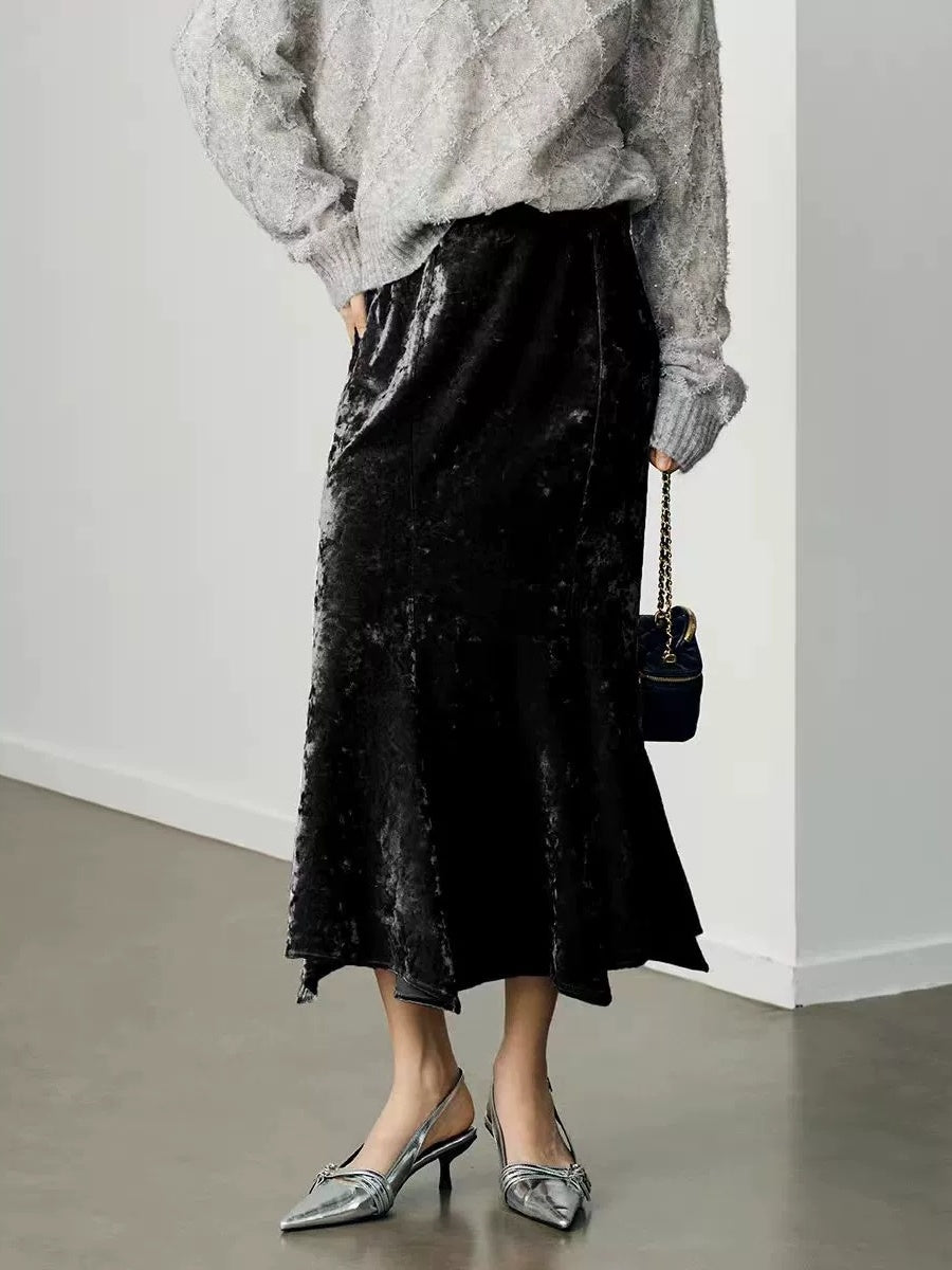 Elegant Diamond-Velvet Mermaid Skirt for Women – New Winter High-Waist Midi Velvet Skirt