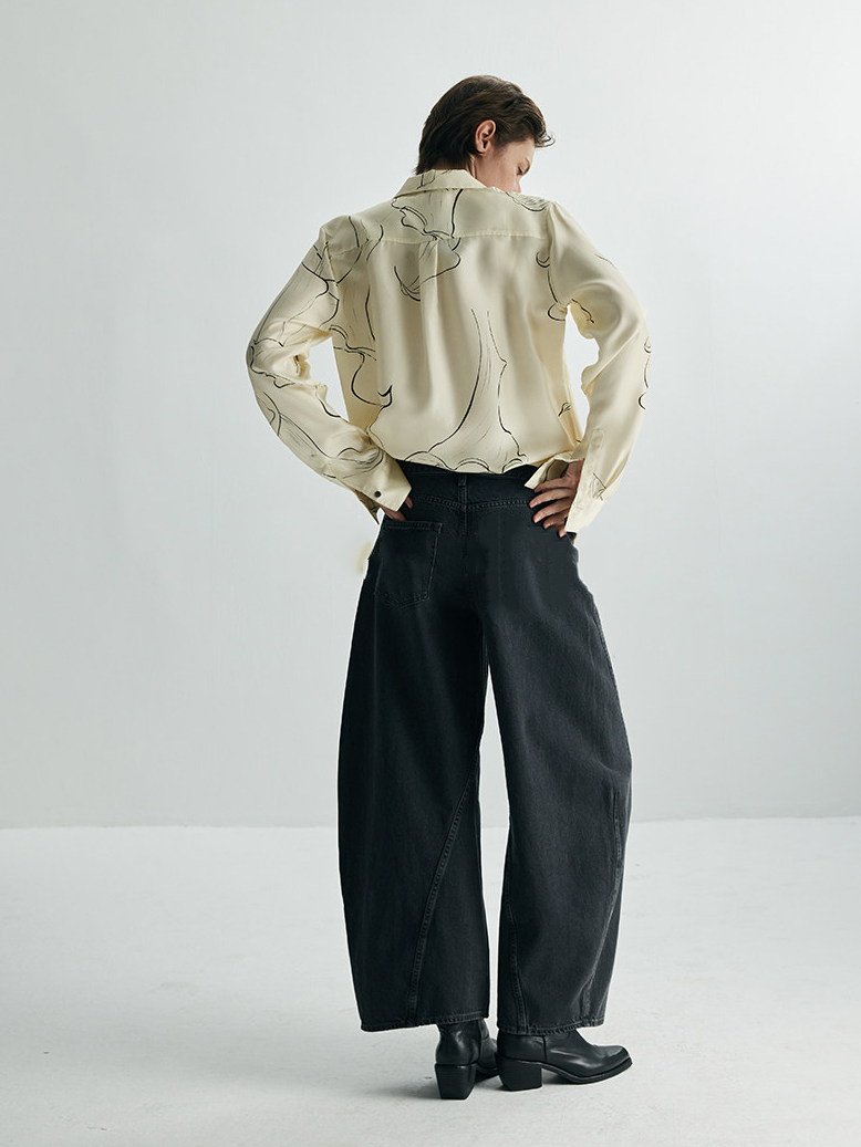 Women's Hand-Drawn Calla Lily Line Print Relaxed-Fit Silk Long-Sleeve Shirt – Mulberry Silk Office Blouse