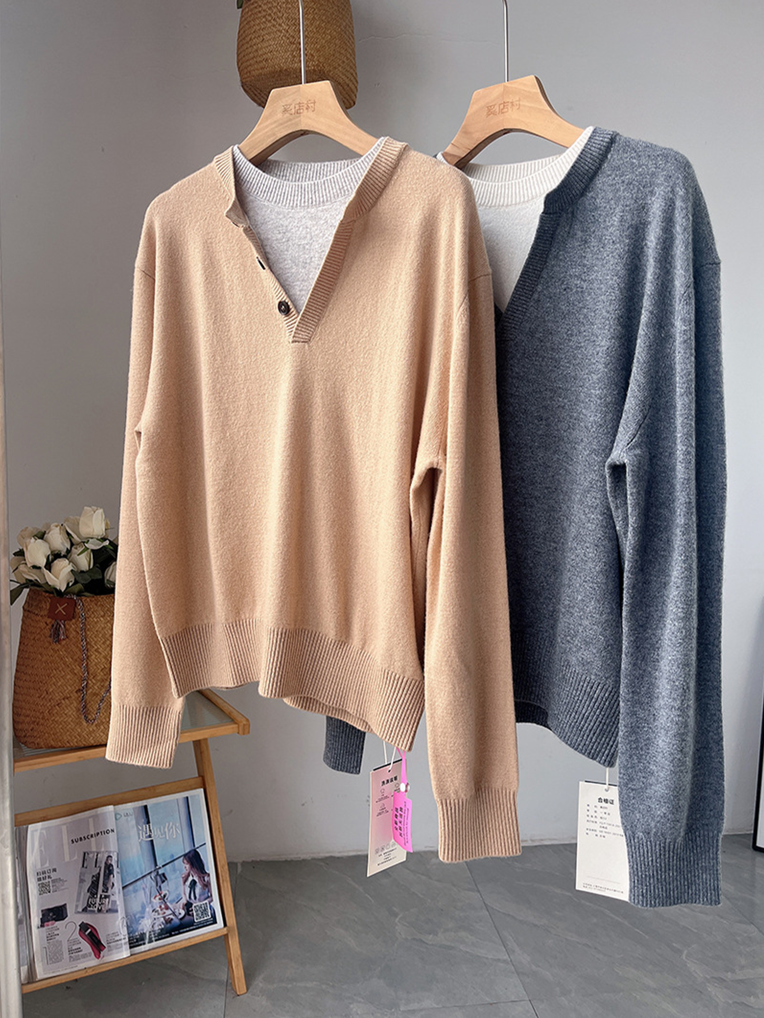 Contrast Trim Wool Cashmere Sweater for Women | Minimalist Loose Fit Ribbed Knit Top with Layered Effect