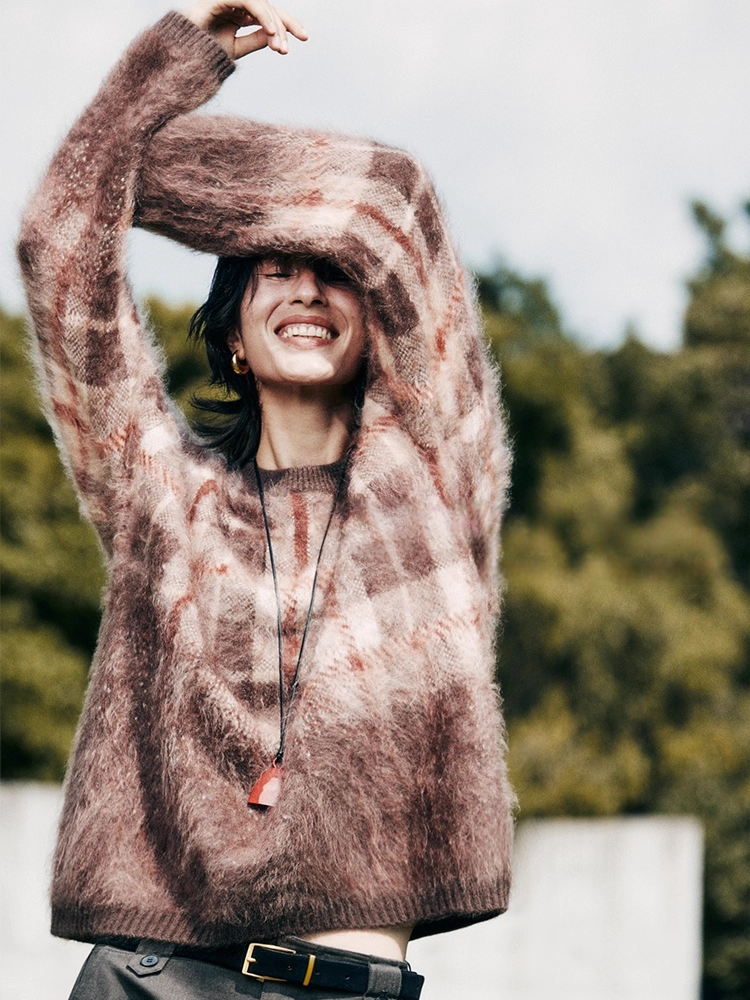 470g Thick Plaid Brushed Cashmere Sweater – Slimming, Wide-Fit Cozy Knit Top