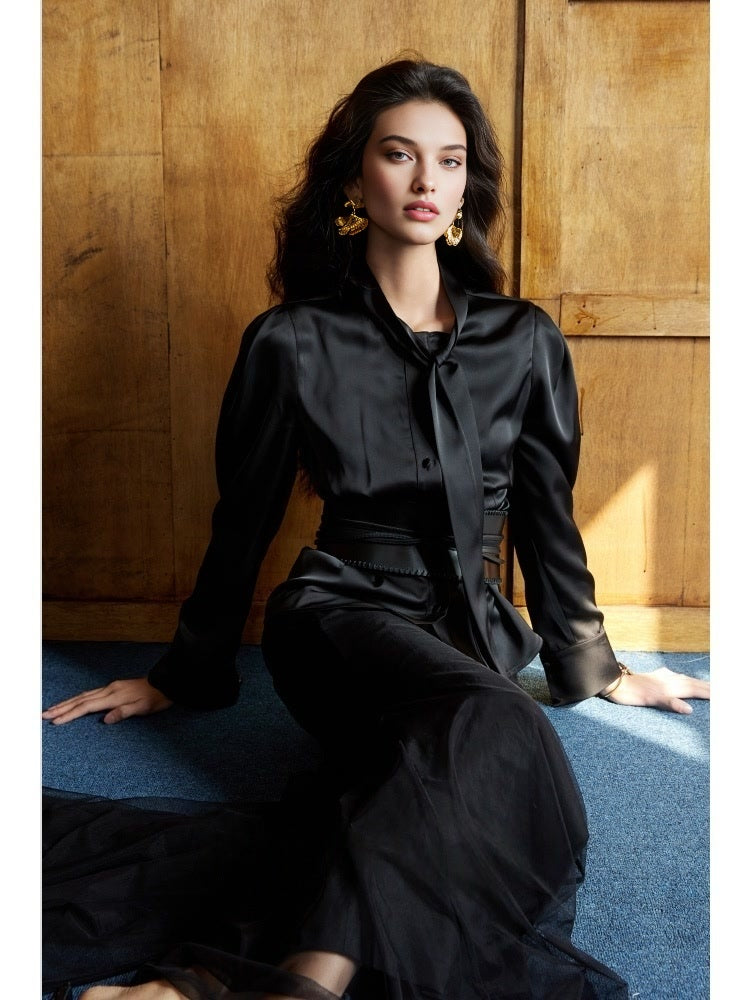 Women’s Luxury Satin Shirt – Floating Collar, Waist-Cinching Long Sleeve, Double-Faced Fabric