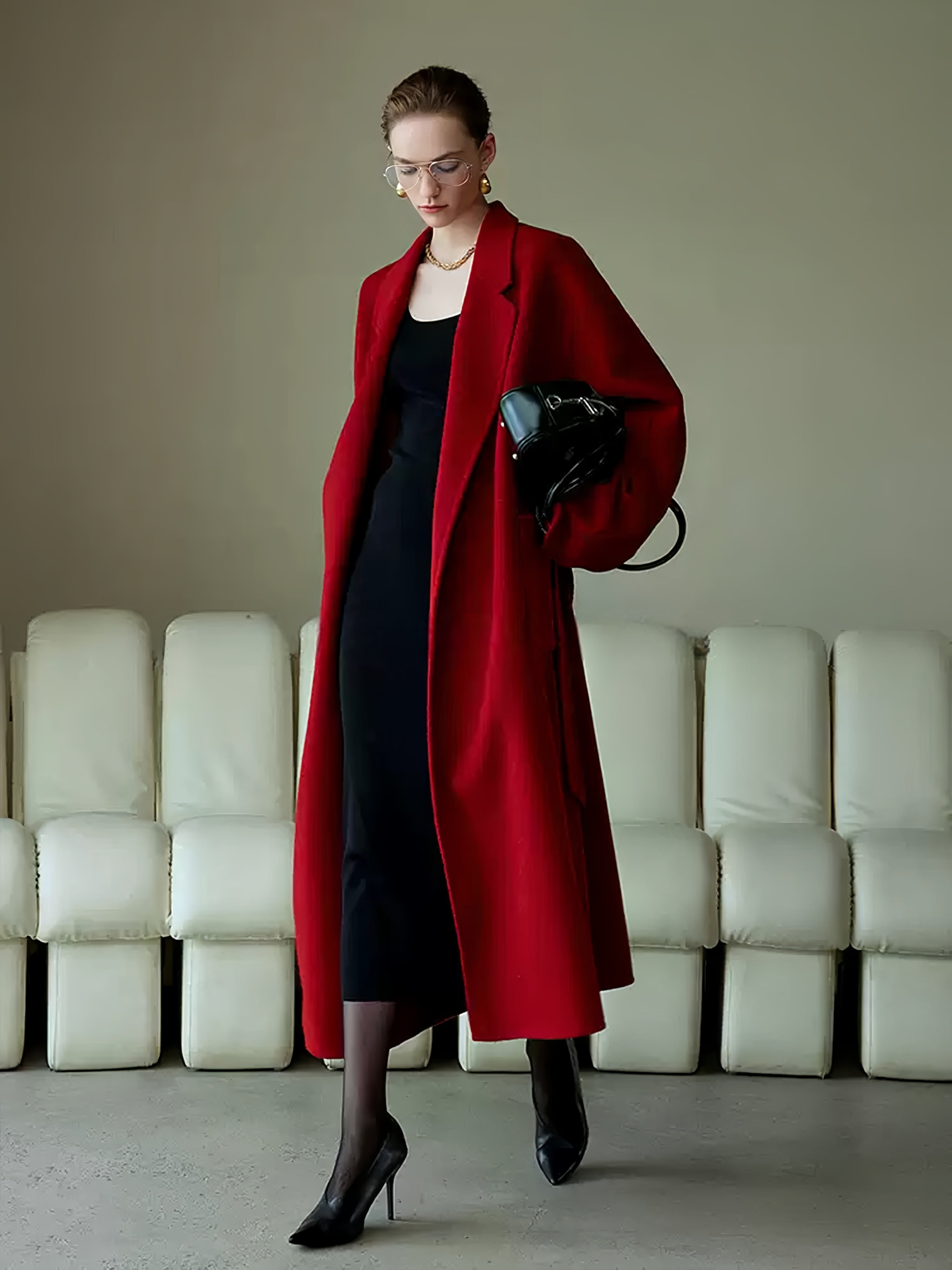 High-End Vintage Christmas Burgundy Double-Faced Wool Coat for Women | Loose Casual Elegant Wool Overcoat