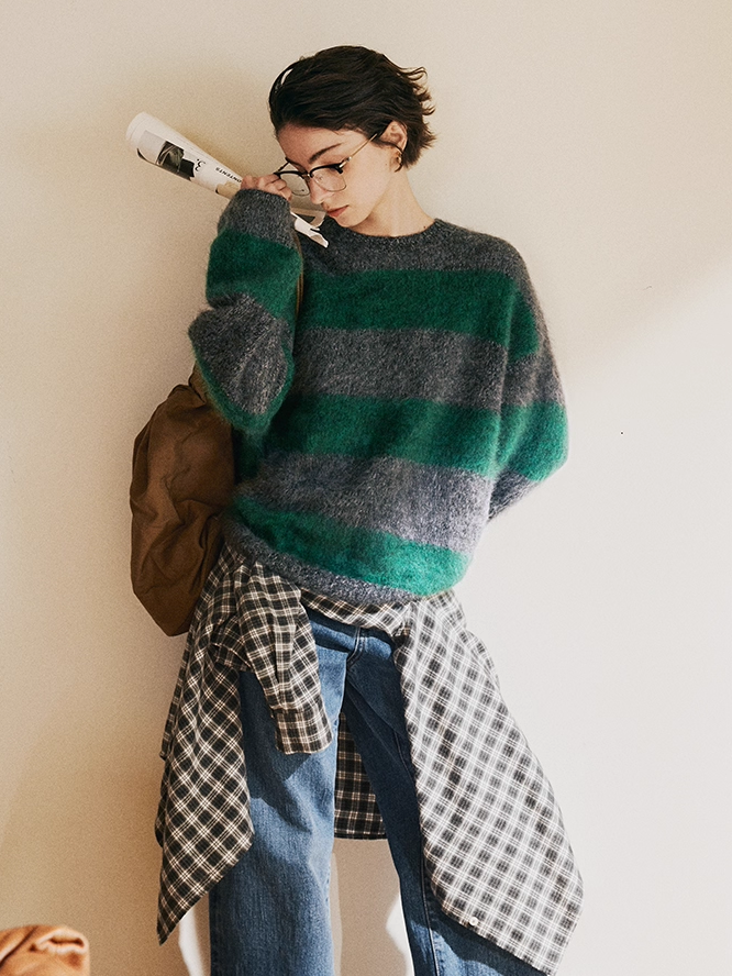 Nordic Christmas Night | Heavyweight Luxurious Brushed Cashmere Color-Block Striped Relaxed Soft Crewneck Sweater – Premium Winter Knitwear