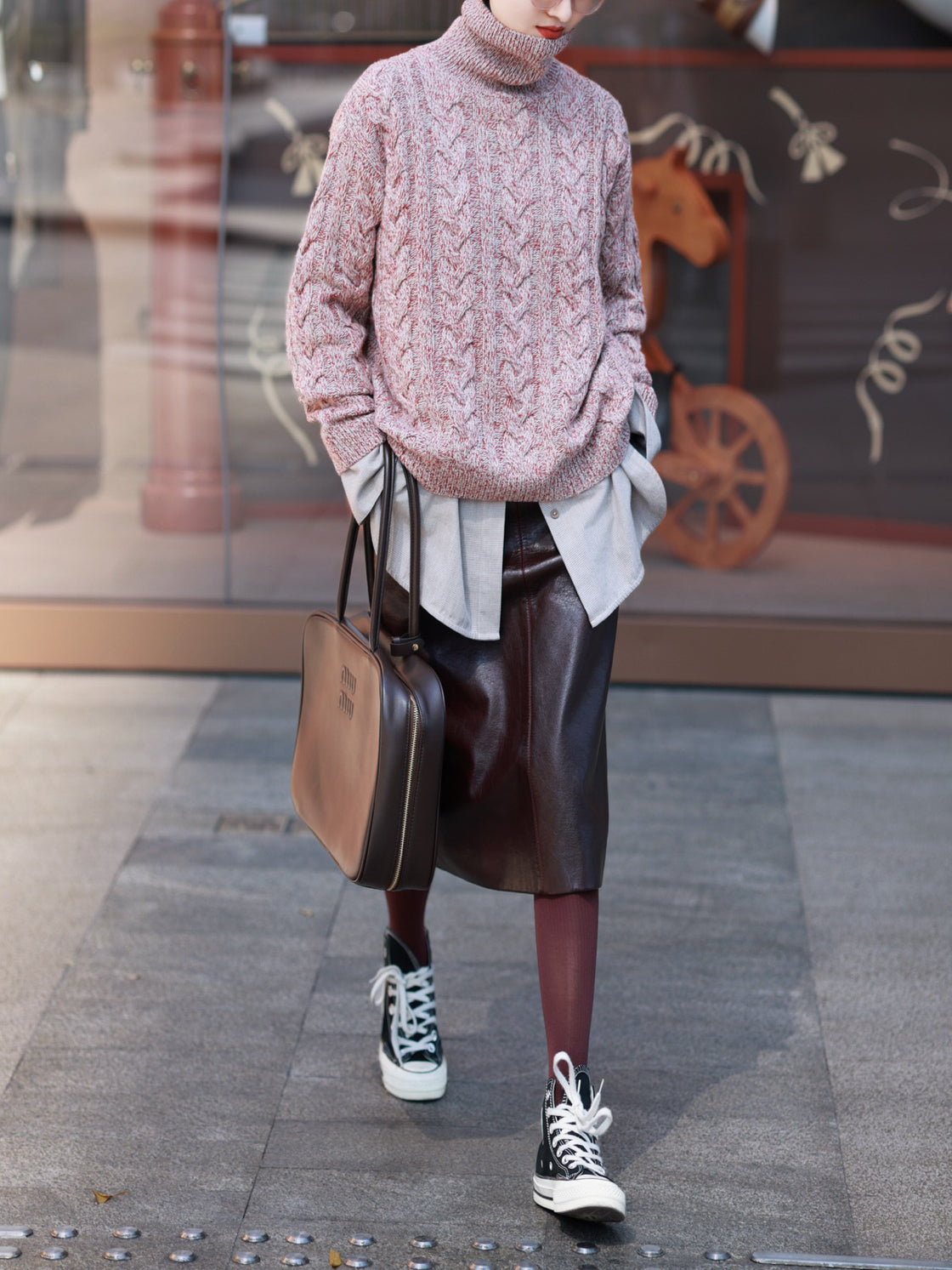 Raspberry Tonal Merino Wool Sweater – Ultra-Soft Melange Knit High-Neck Pullover