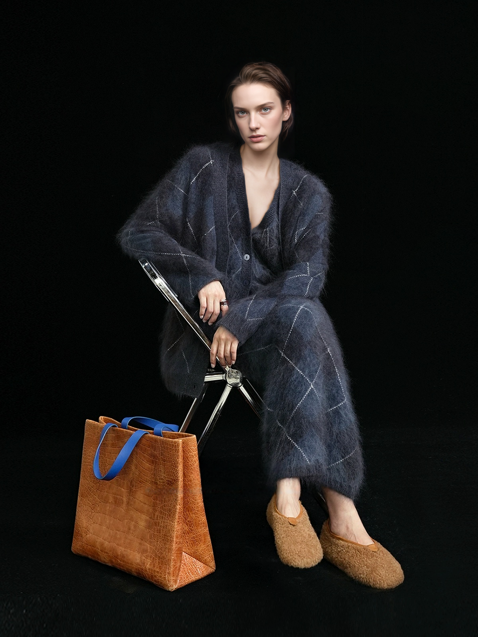 Heavyweight Brushed Knit Vintage Diamond-Pattern Midi Skirt for Women